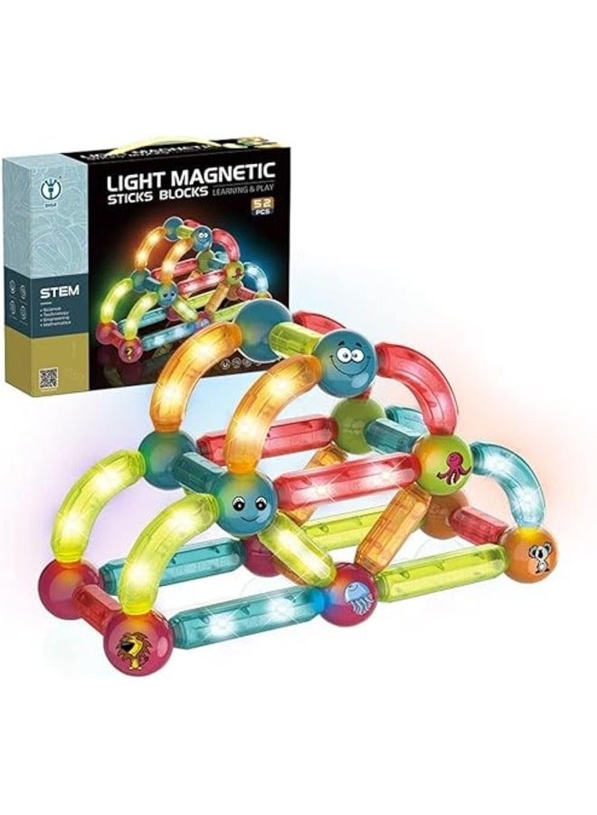 52 PCS Magic Magnetic Blocks Construction & Building Set - STEAM Educational Puzzle Kit with 3D Magnetic Tiles & Sticks for Kids 3+ Years, Creative Toy Blocks, Magnetic Building Toys for Toddlers, Intelligent Learning Blocks for STEM Activities