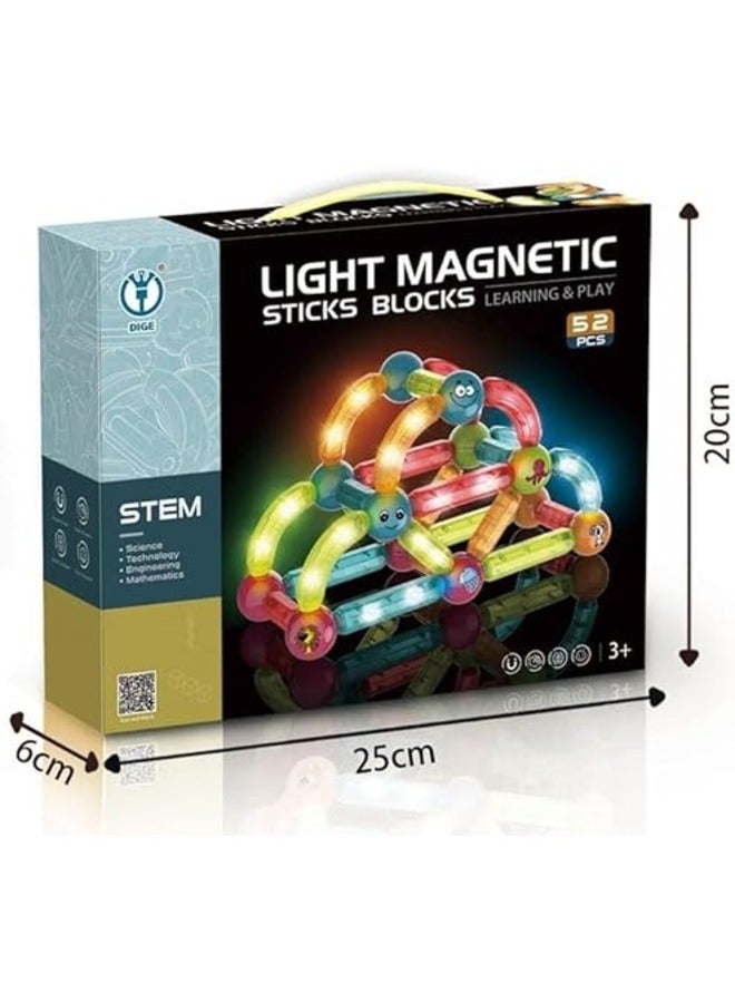 52 PCS Magic Magnetic Blocks Construction & Building Set - STEAM Educational Puzzle Kit with 3D Magnetic Tiles & Sticks for Kids 3+ Years, Creative Toy Blocks, Magnetic Building Toys for Toddlers, Intelligent Learning Blocks for STEM Activities