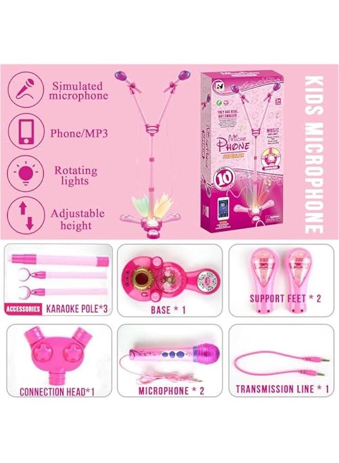 Kids Karaoke Machine with Stand,Kids Microphone Flashing Stage Lights Adjustable Stand Gift for Age 3+ Years Old Children (Pink Double)