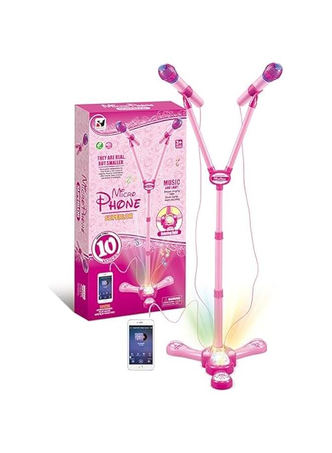 Kids Karaoke Machine with Stand,Kids Microphone Flashing Stage Lights Adjustable Stand Gift for Age 3+ Years Old Children (Pink Double)