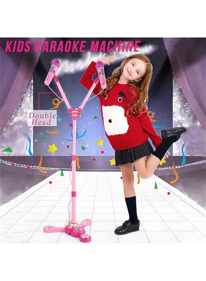 Kids Karaoke Machine with Stand,Kids Microphone Flashing Stage Lights Adjustable Stand Gift for Age 3+ Years Old Children (Pink Double)