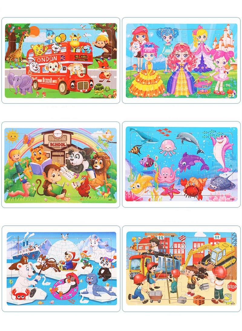 6 Piece Set Wooden Jigsaw Puzzle for Kids Ages 3-5, 30 Pieces Colorful Wooden Jigsaw Puzzle for Toddlers Learning Educational Jigsaw Puzzle Toys for Boys and Girls, Suitable for Kids Ages 3 4 5 6