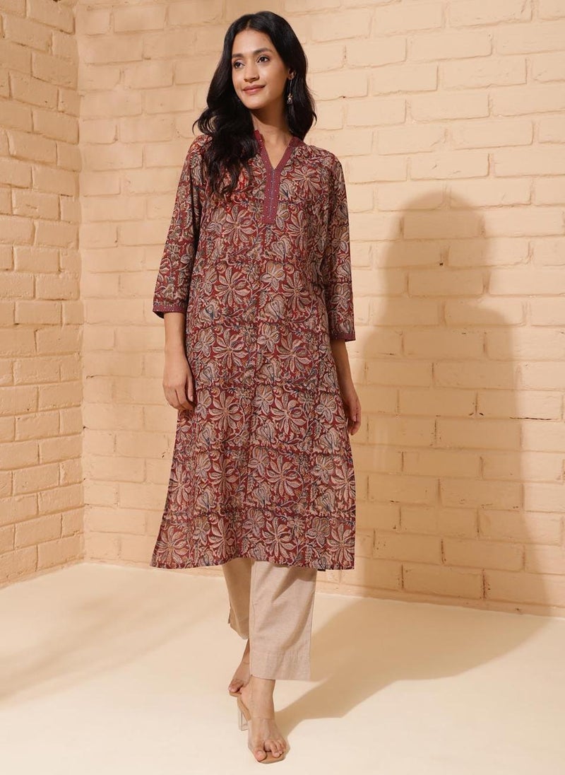 Maroon Cotton Kalamkari Printed Long Kurta