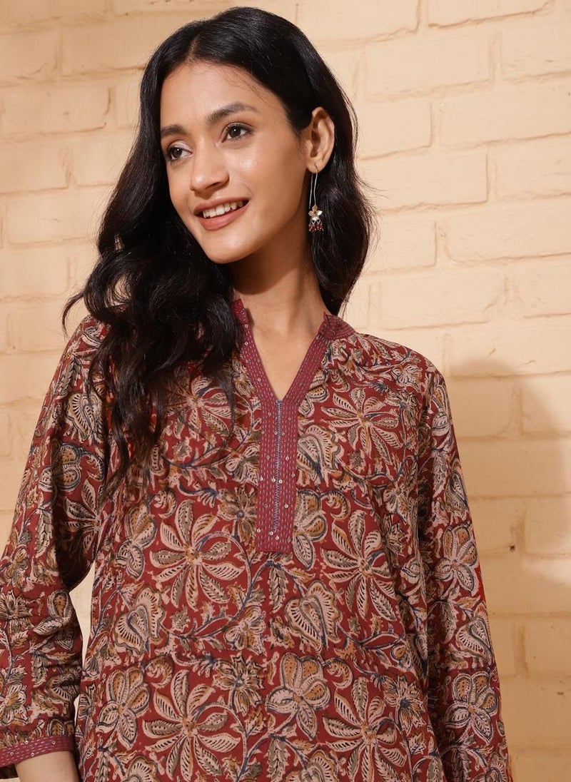 Maroon Cotton Kalamkari Printed Long Kurta