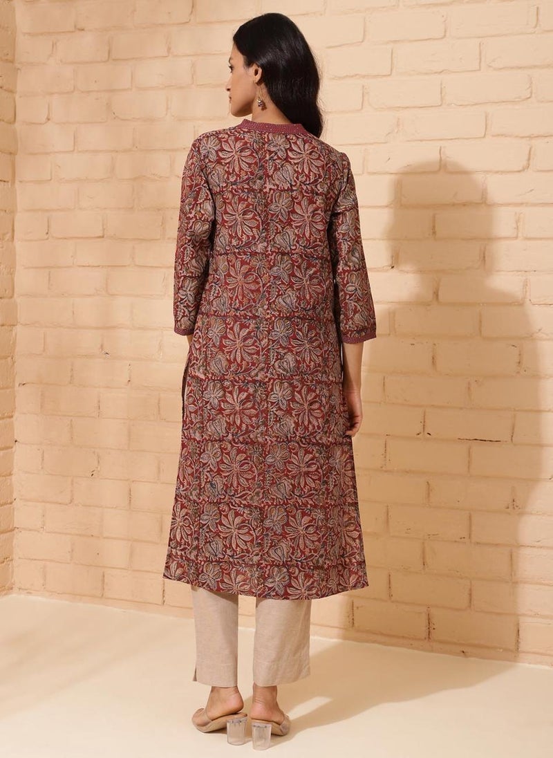 Maroon Cotton Kalamkari Printed Long Kurta