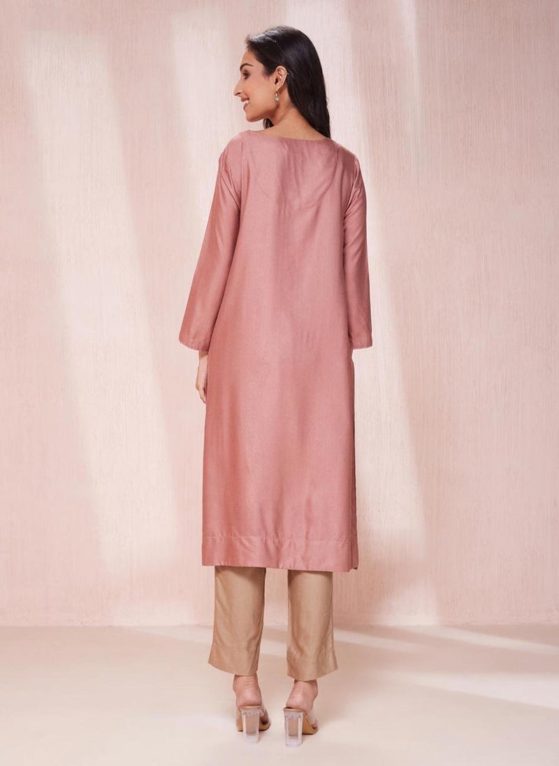 Pink Viscose Silk Knee Length Kurta