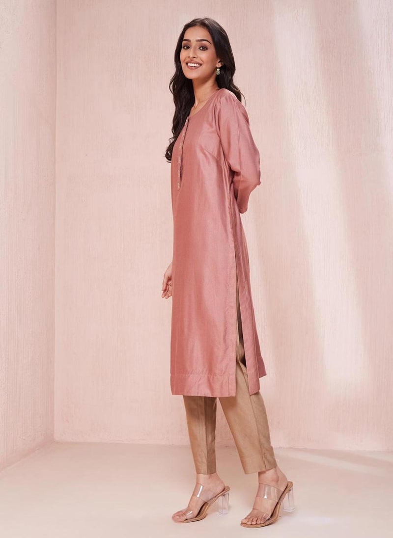 Pink Viscose Silk Knee Length Kurta