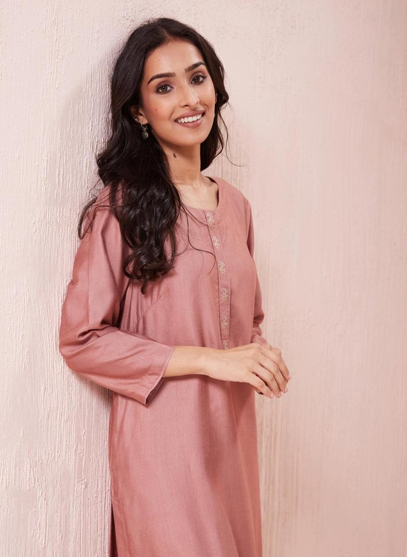 Pink Viscose Silk Knee Length Kurta