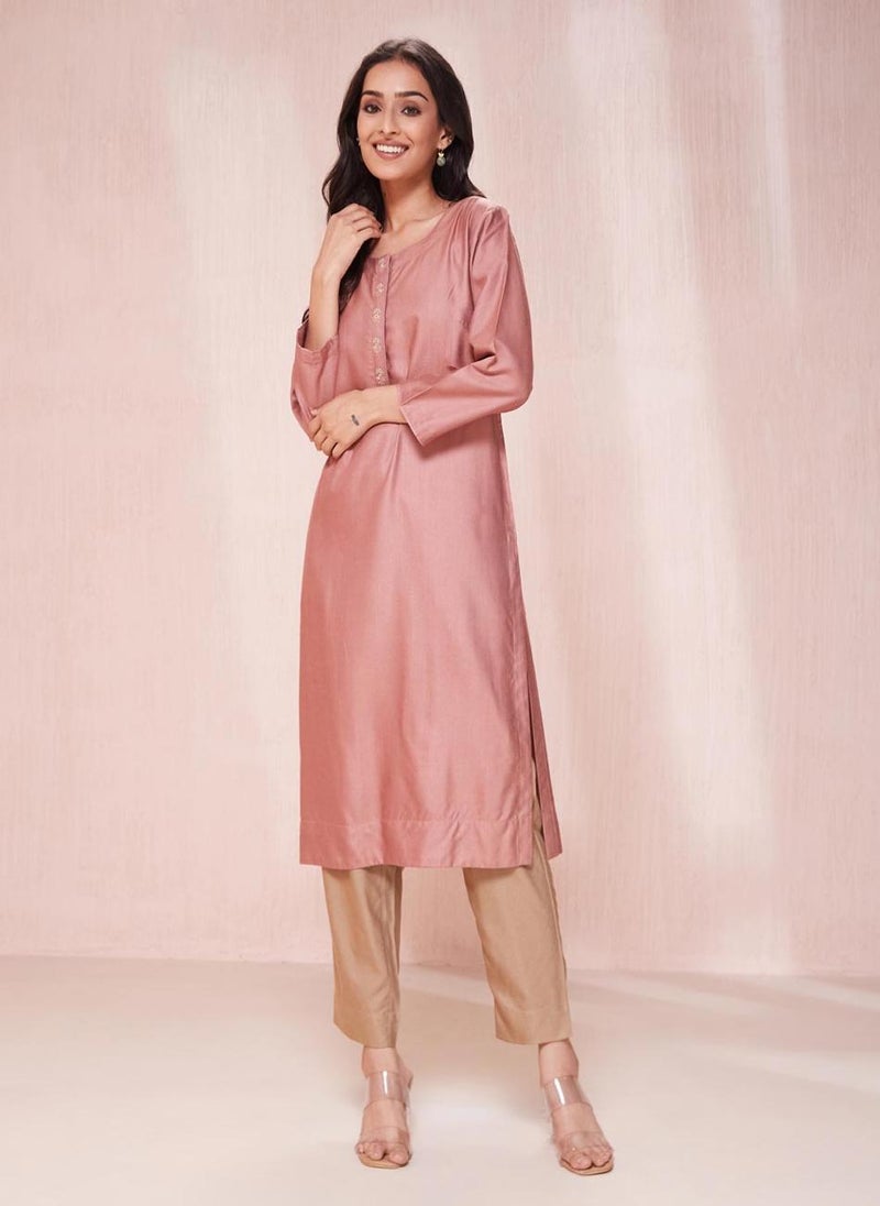 Pink Viscose Silk Knee Length Kurta