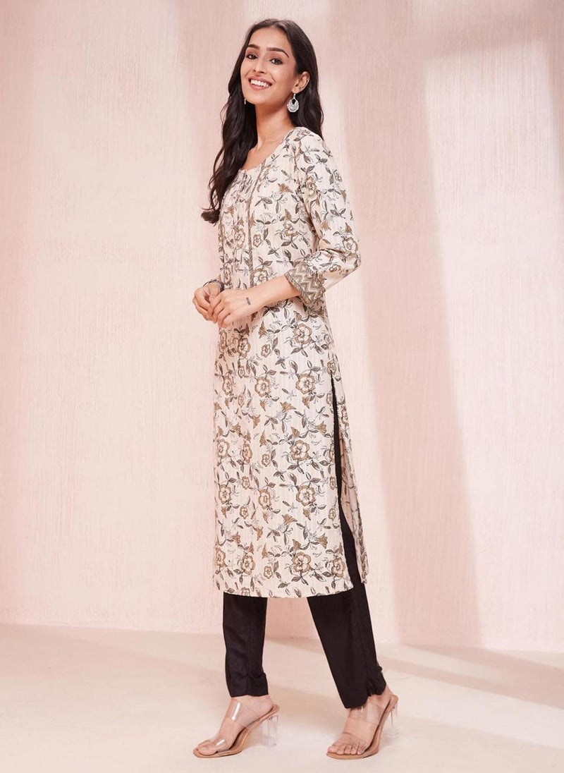 Beige Cotton Hand Block Printed Long Kurta