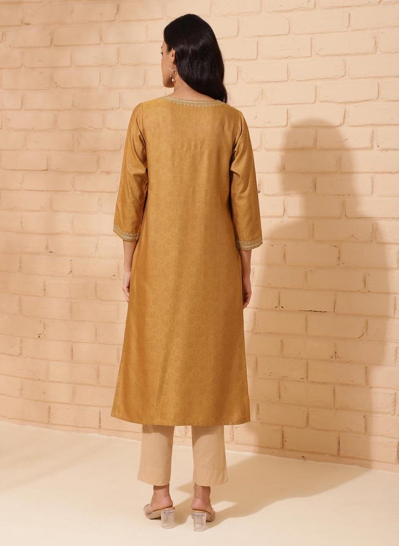 Mustard Viscose Silk Calf Length Long Kurta