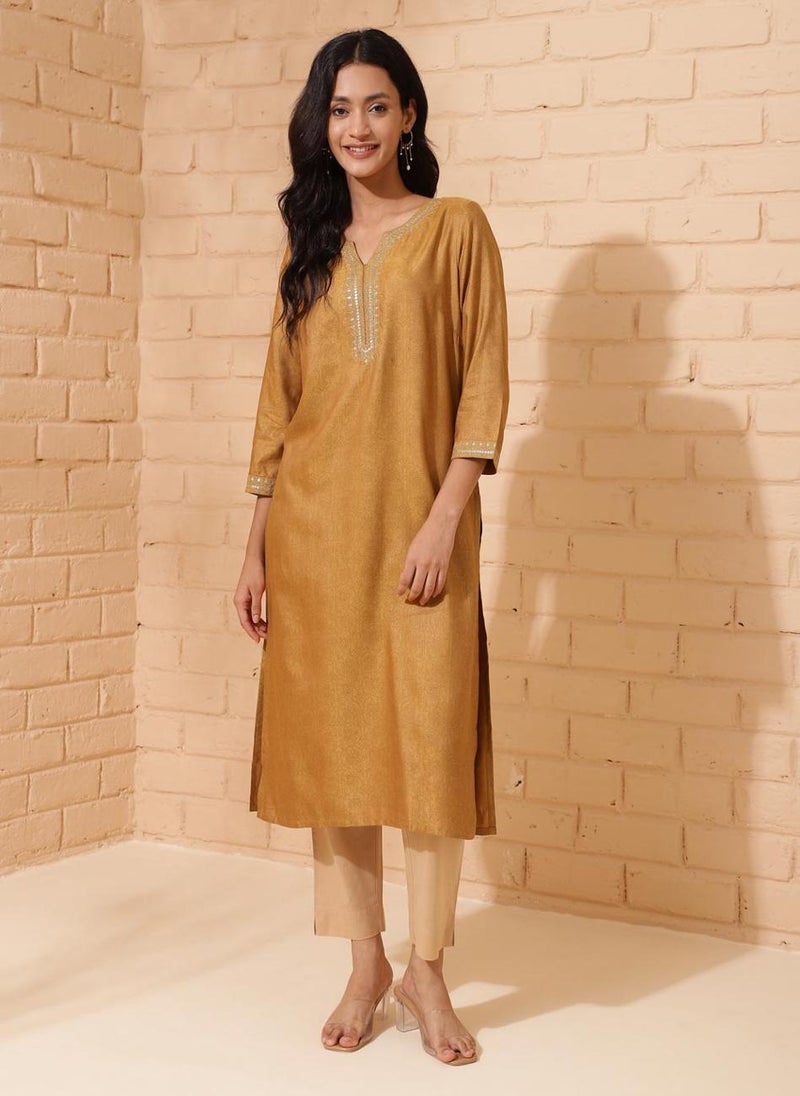 Mustard Viscose Silk Calf Length Long Kurta