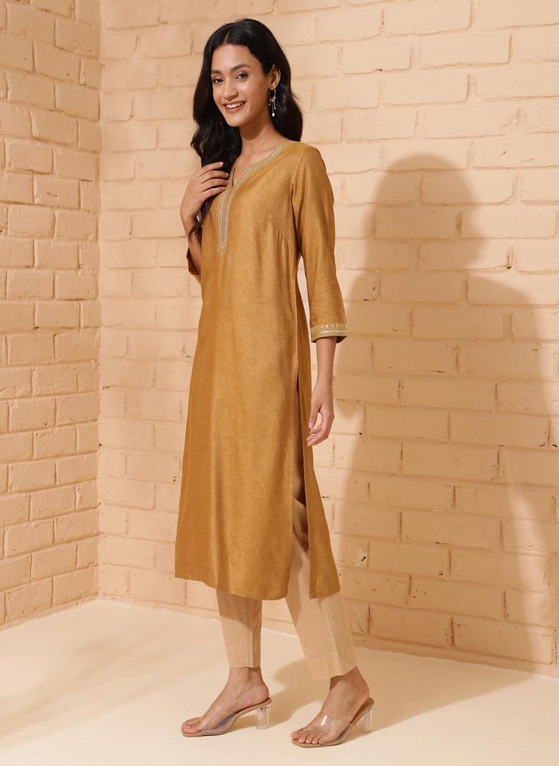 Mustard Viscose Silk Calf Length Long Kurta