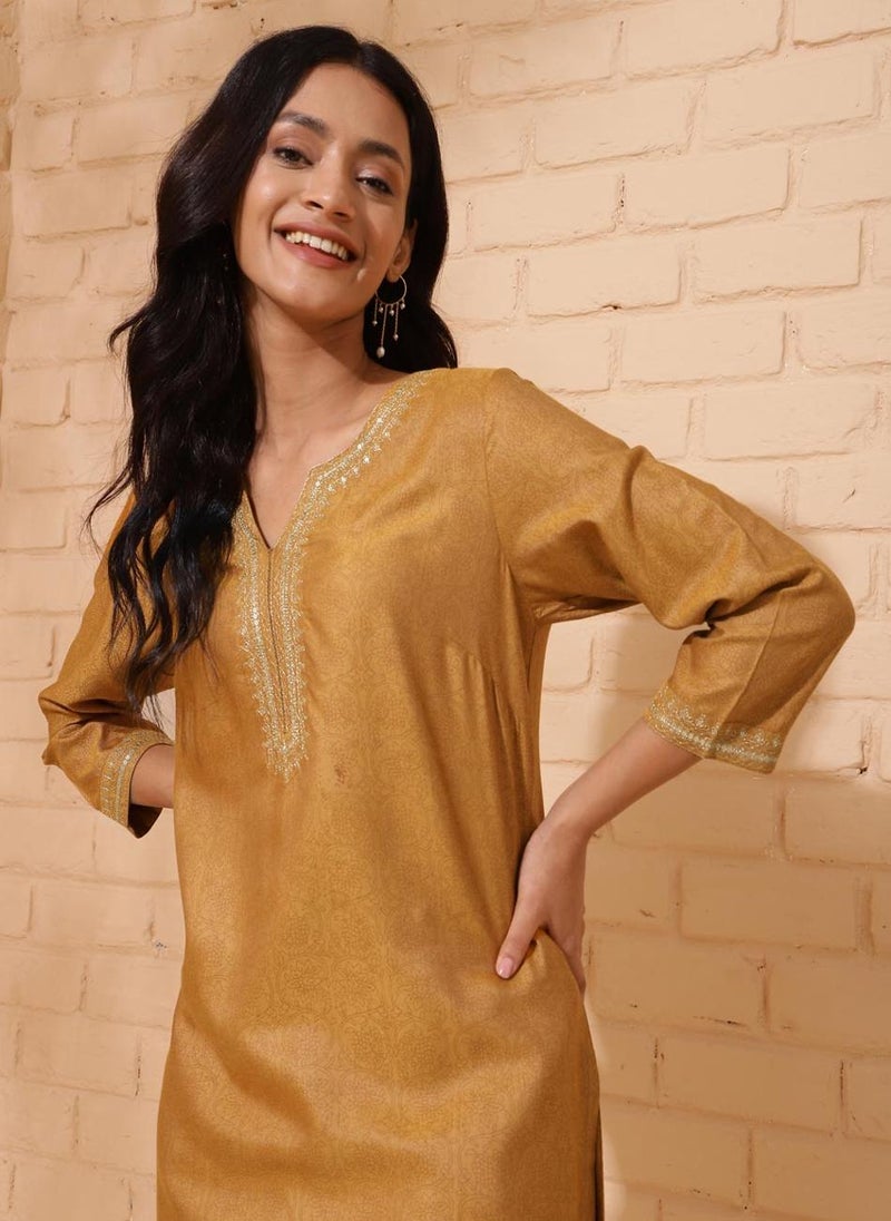 Mustard Viscose Silk Calf Length Long Kurta