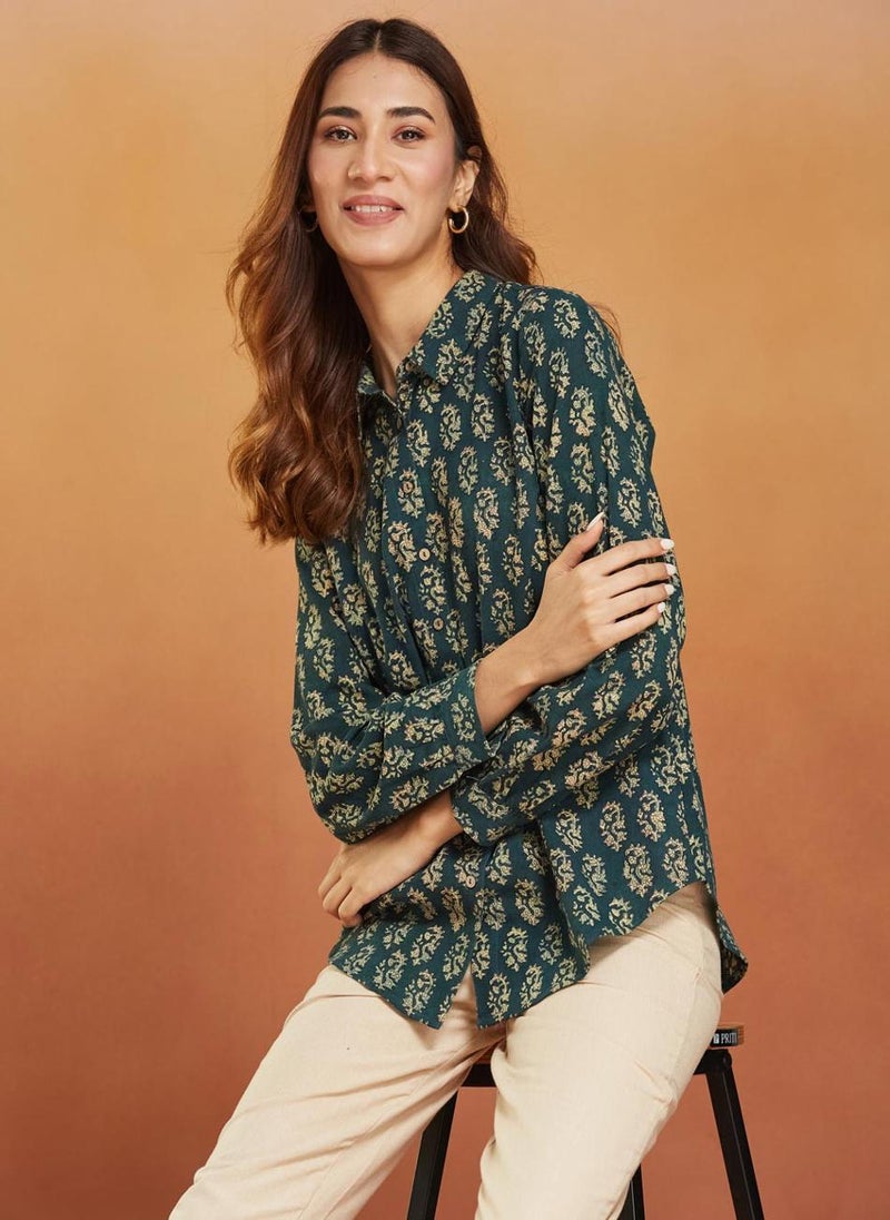 Green Cotton Printed Shirt