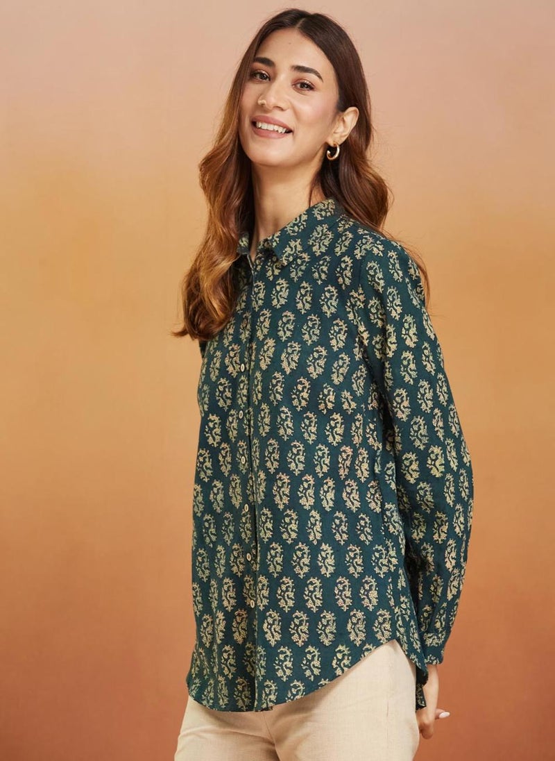 Green Cotton Printed Shirt