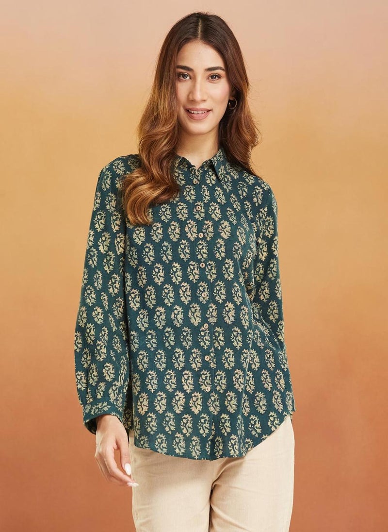 Green Cotton Printed Shirt