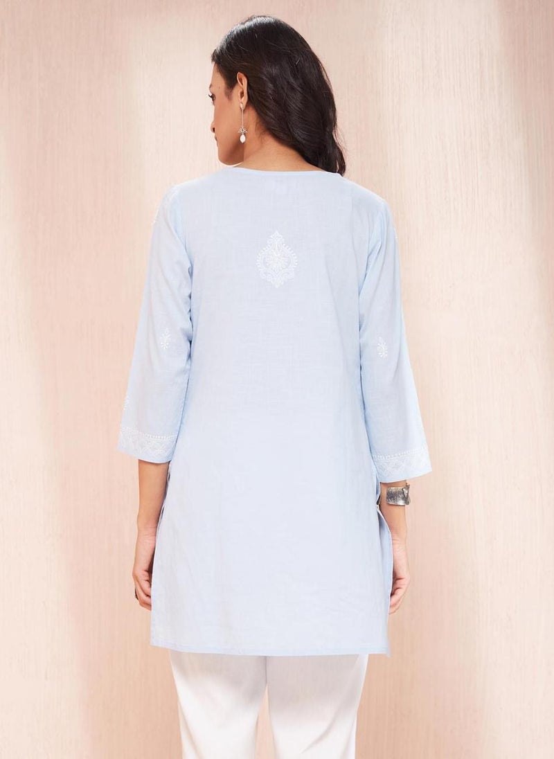 Light Blue Cotton Chikankari Short Kurta