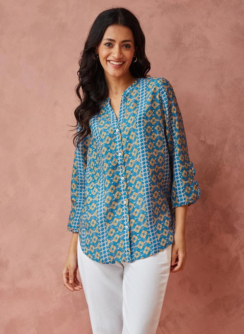 Blue Rayon Blend Printed Shirt