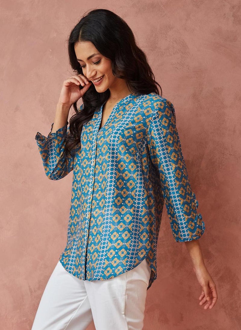 Blue Rayon Blend Printed Shirt