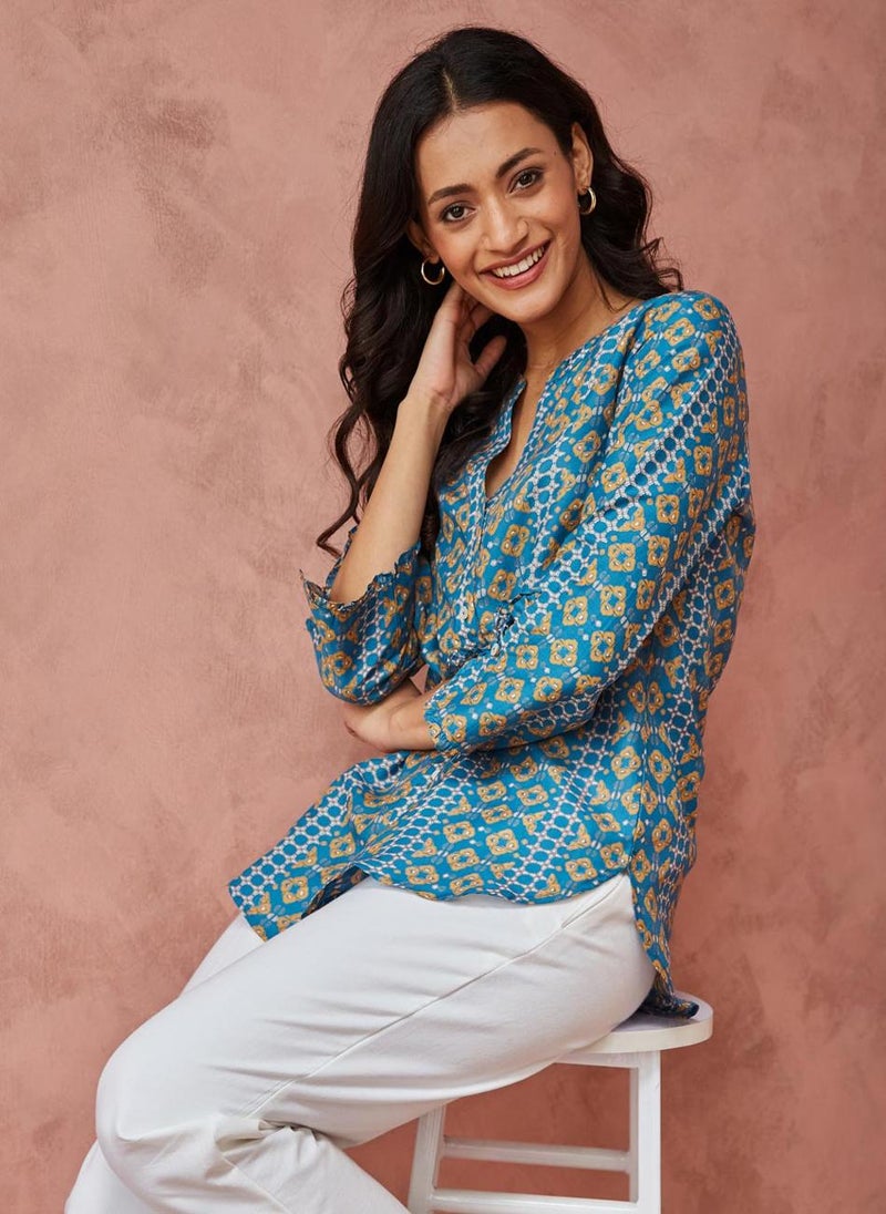 Blue Rayon Blend Printed Shirt