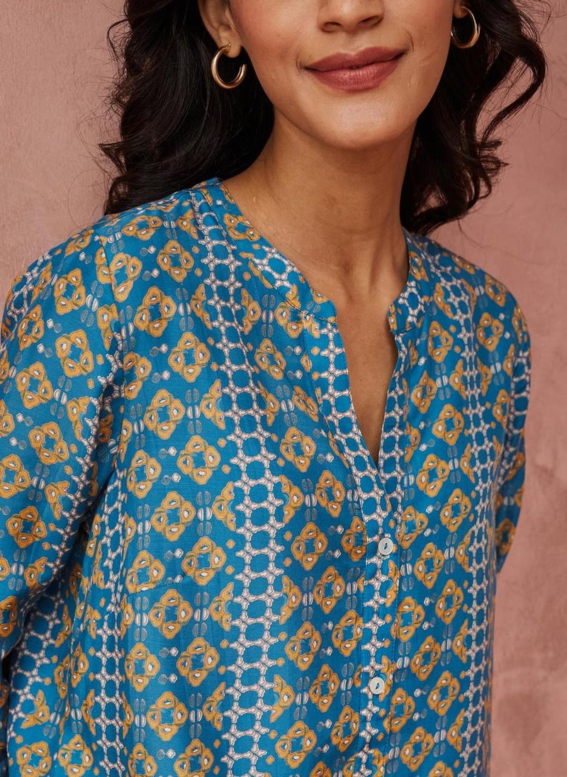 Blue Rayon Blend Printed Shirt