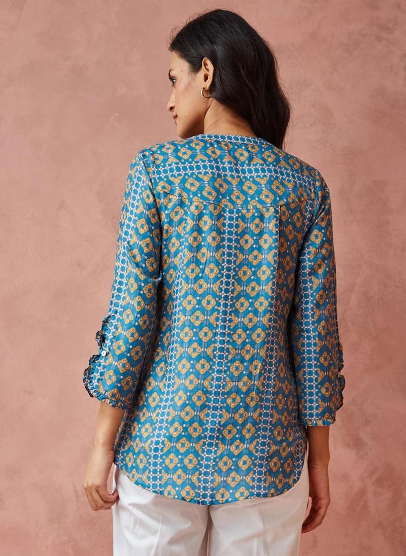 Blue Rayon Blend Printed Shirt