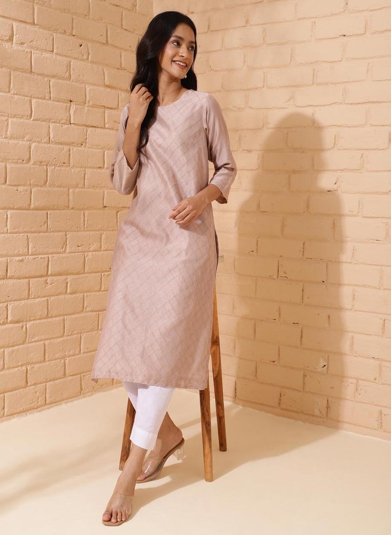 Beige Cotton Silk Calf Length Long Kurta