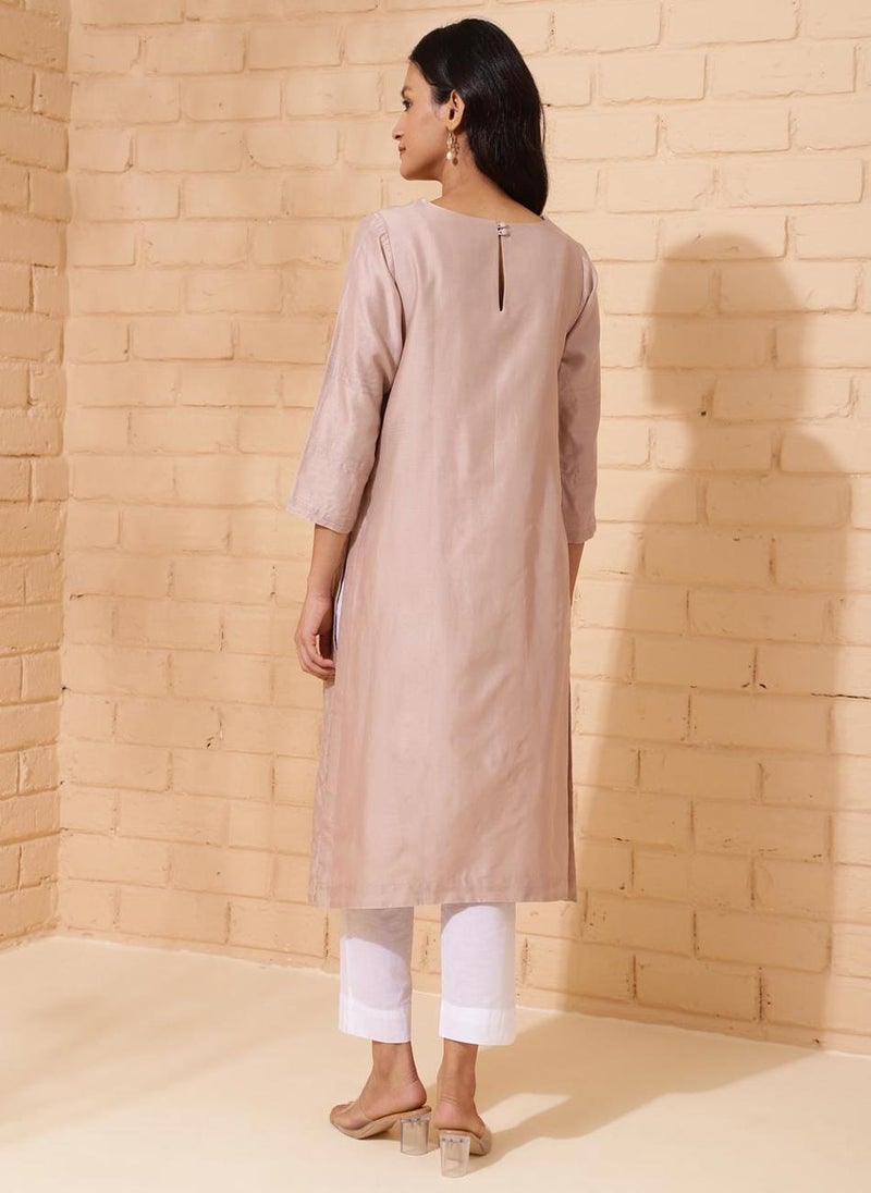 Beige Cotton Silk Calf Length Long Kurta