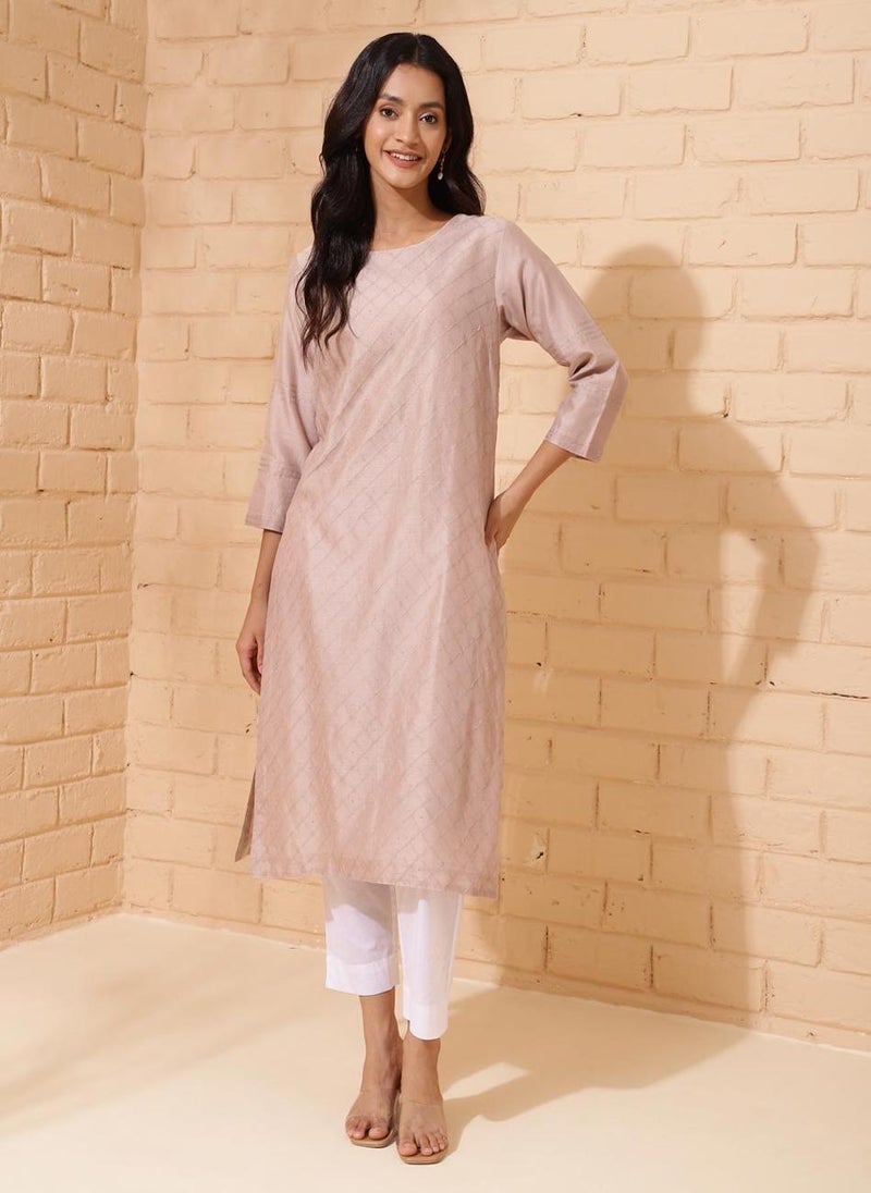 Beige Cotton Silk Calf Length Long Kurta