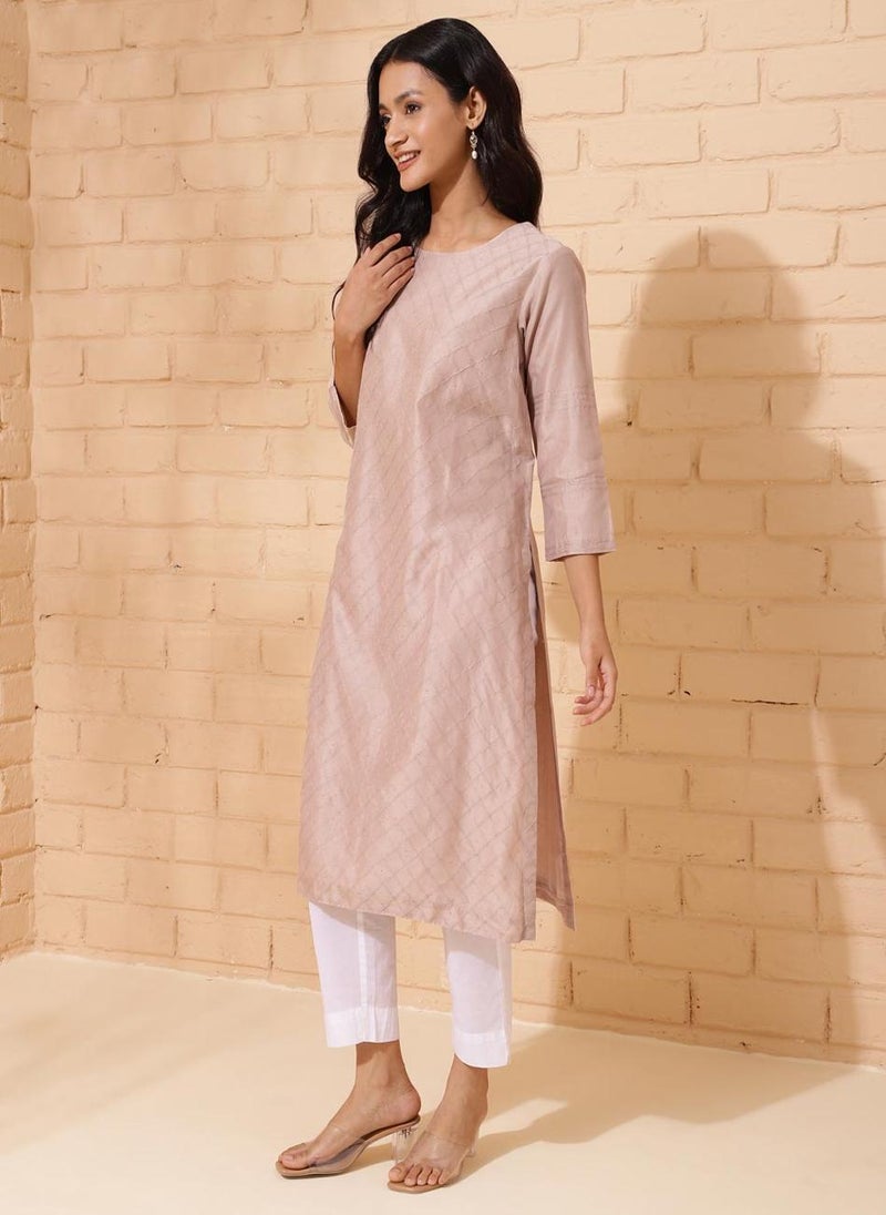 Beige Cotton Silk Calf Length Long Kurta