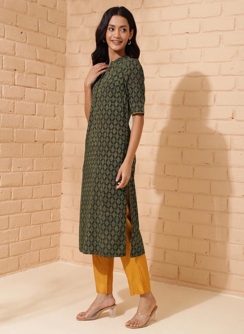 Green Cotton Ajrakh Printed Long Kurta