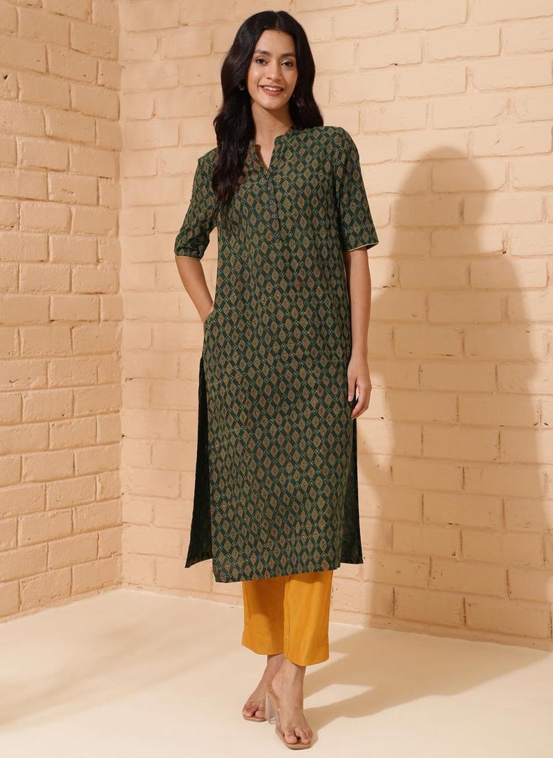 Green Cotton Ajrakh Printed Long Kurta