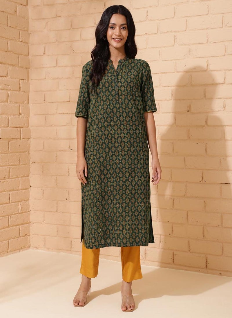 Green Cotton Ajrakh Printed Long Kurta