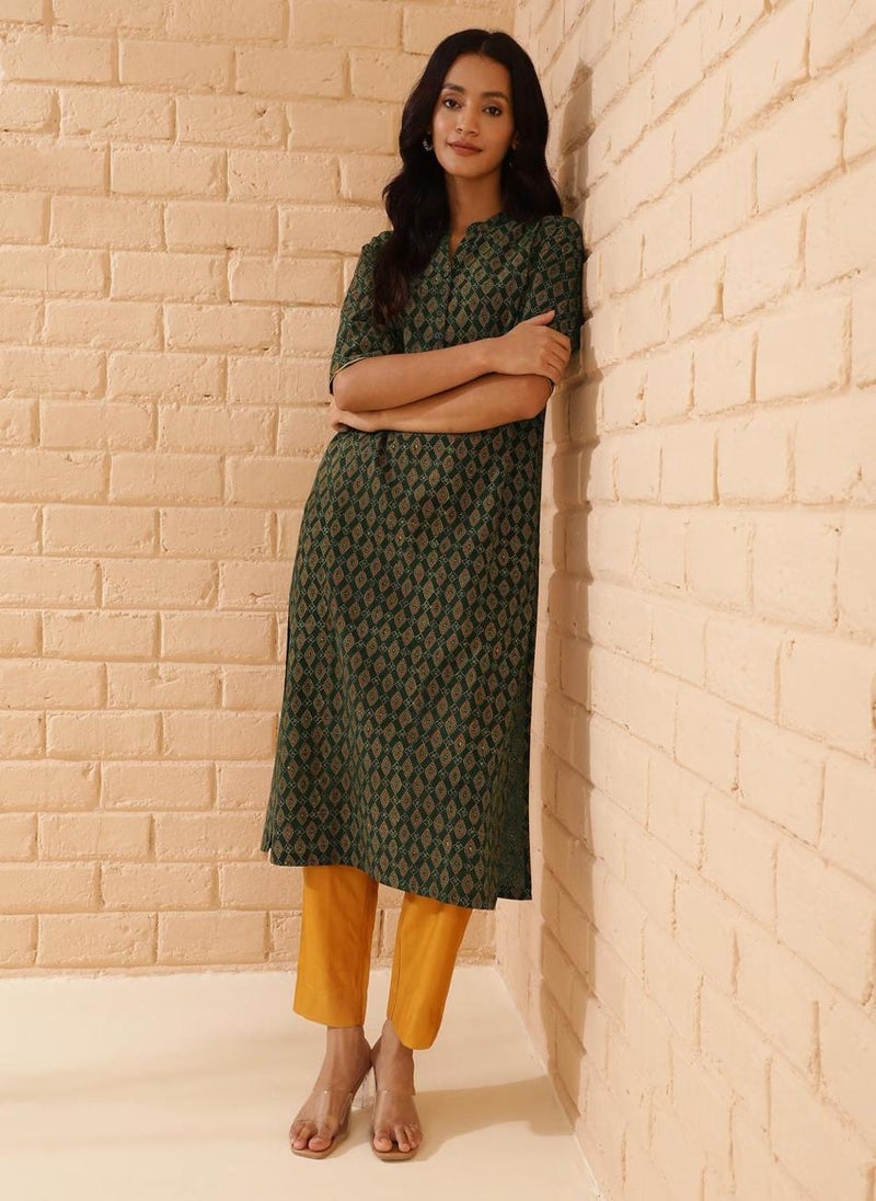 Green Cotton Ajrakh Printed Long Kurta