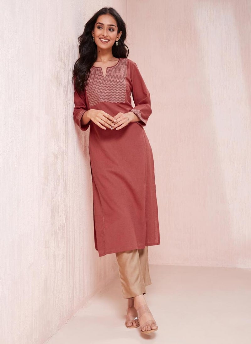 Pink Cotton Linen Slim Fit Long Kurta