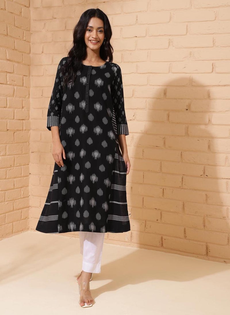 Black Cotton Ikat Woven Long Kurta