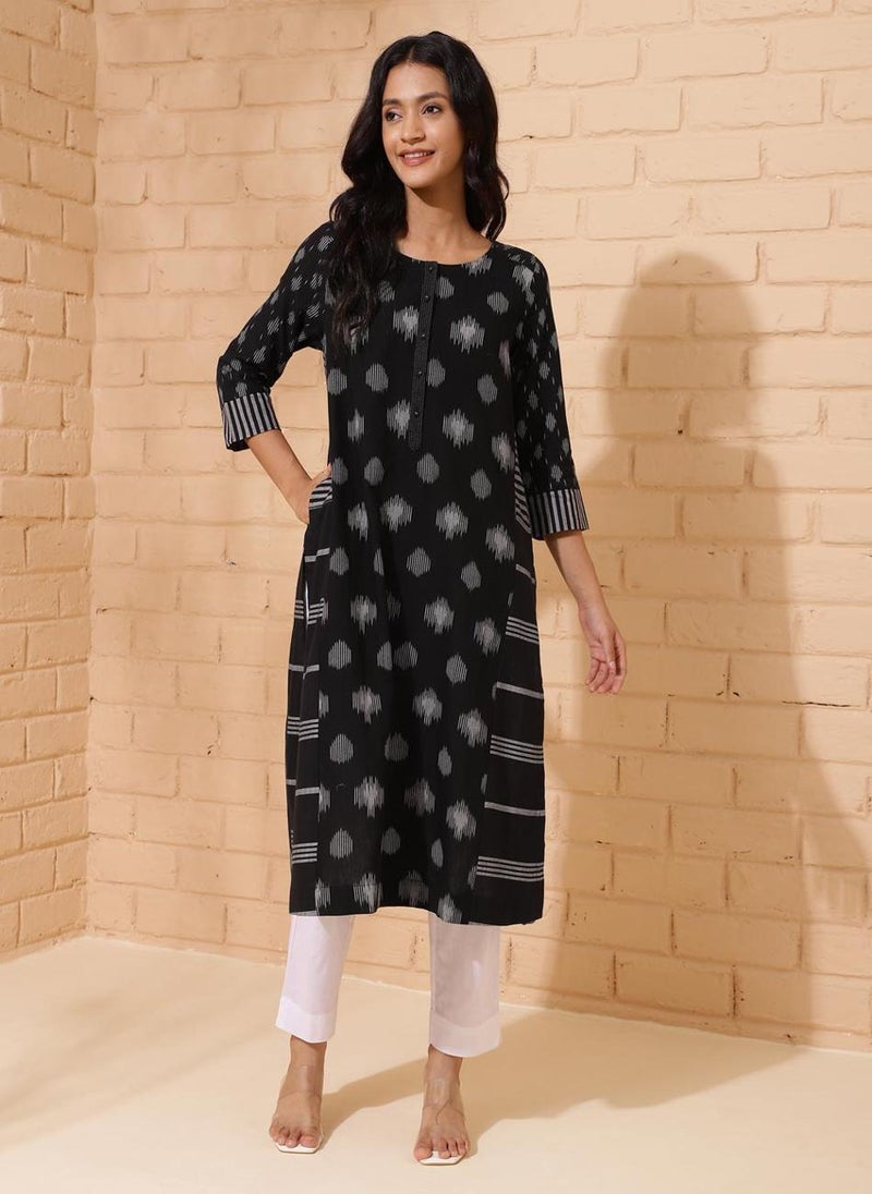 Black Cotton Ikat Woven Long Kurta