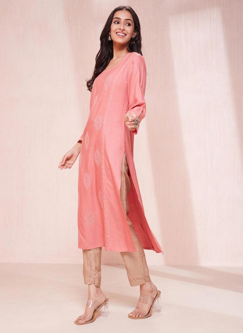 Pink Viscose Silk Chikankari Long Kurta