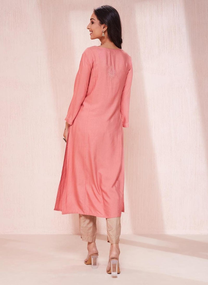 Pink Viscose Silk Chikankari Long Kurta