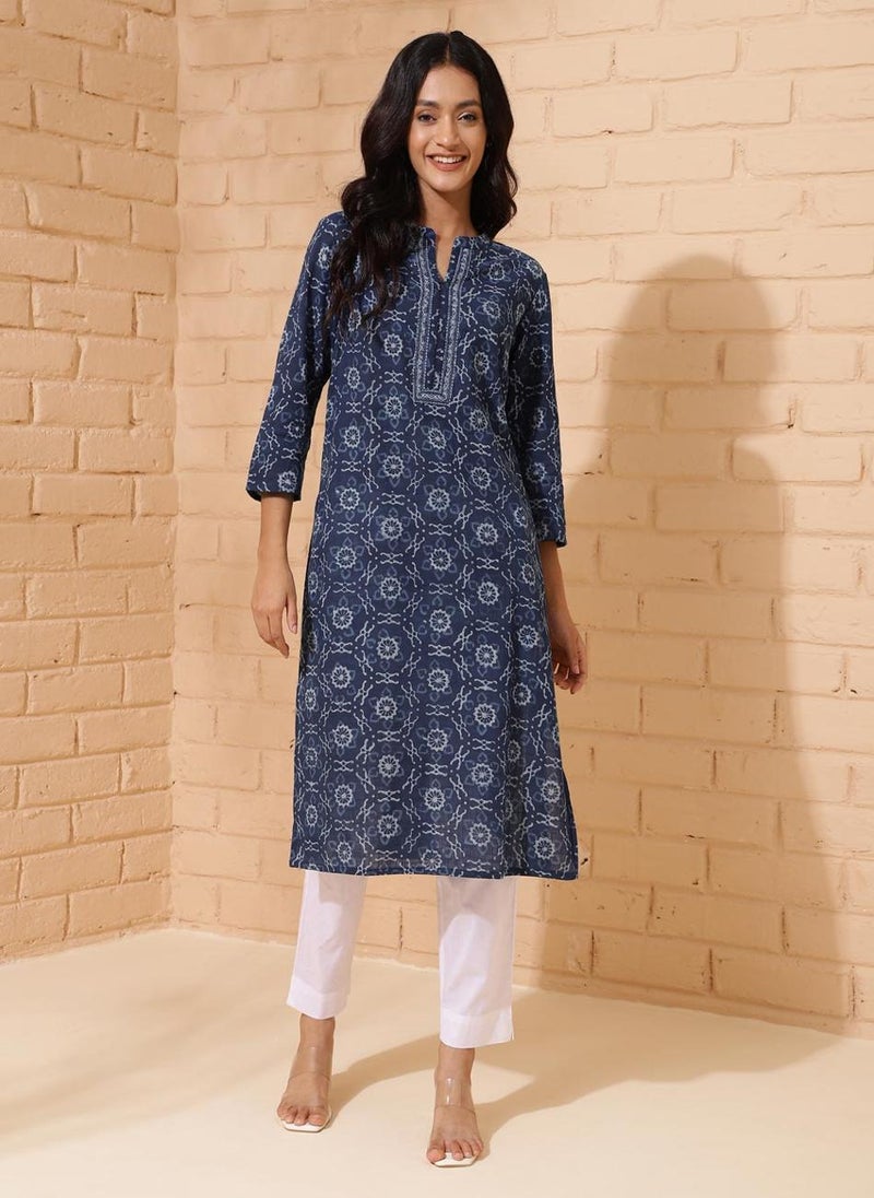 Indigo Cotton Printed Knee Length Kurta