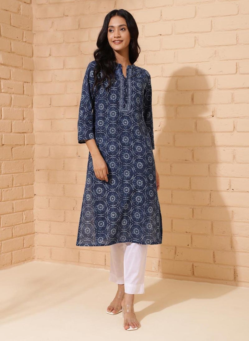 Indigo Cotton Printed Knee Length Kurta