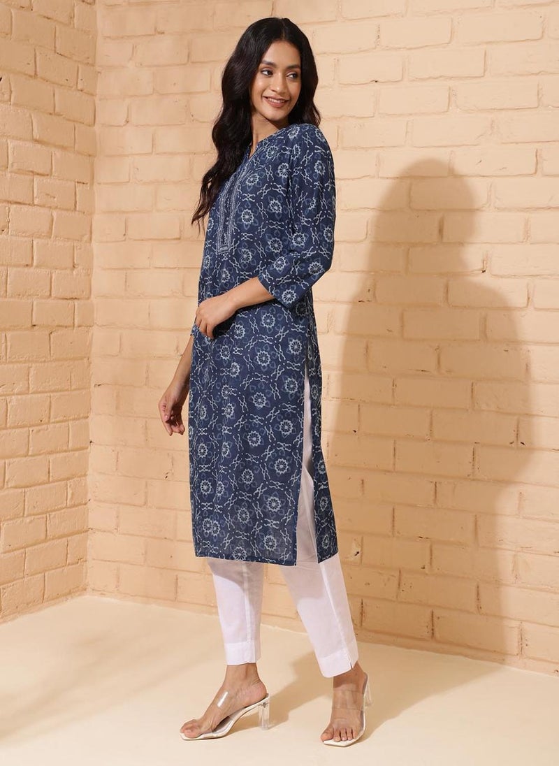 Indigo Cotton Printed Knee Length Kurta