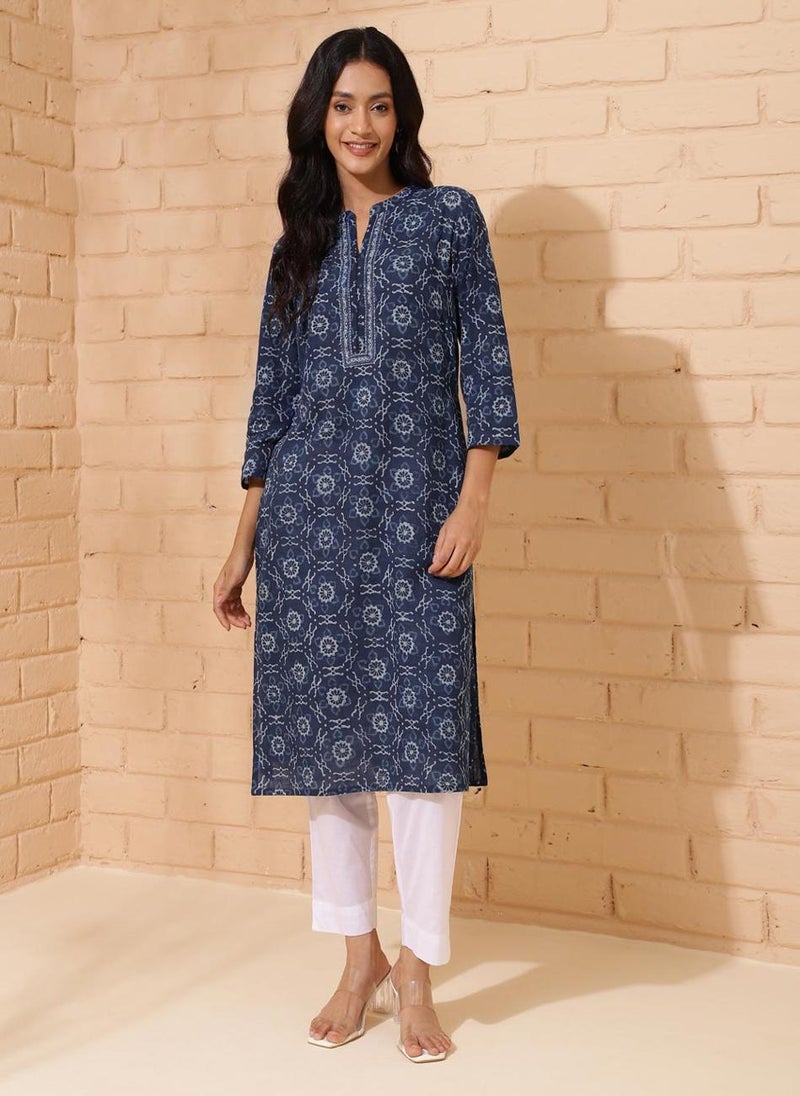 Indigo Cotton Printed Knee Length Kurta