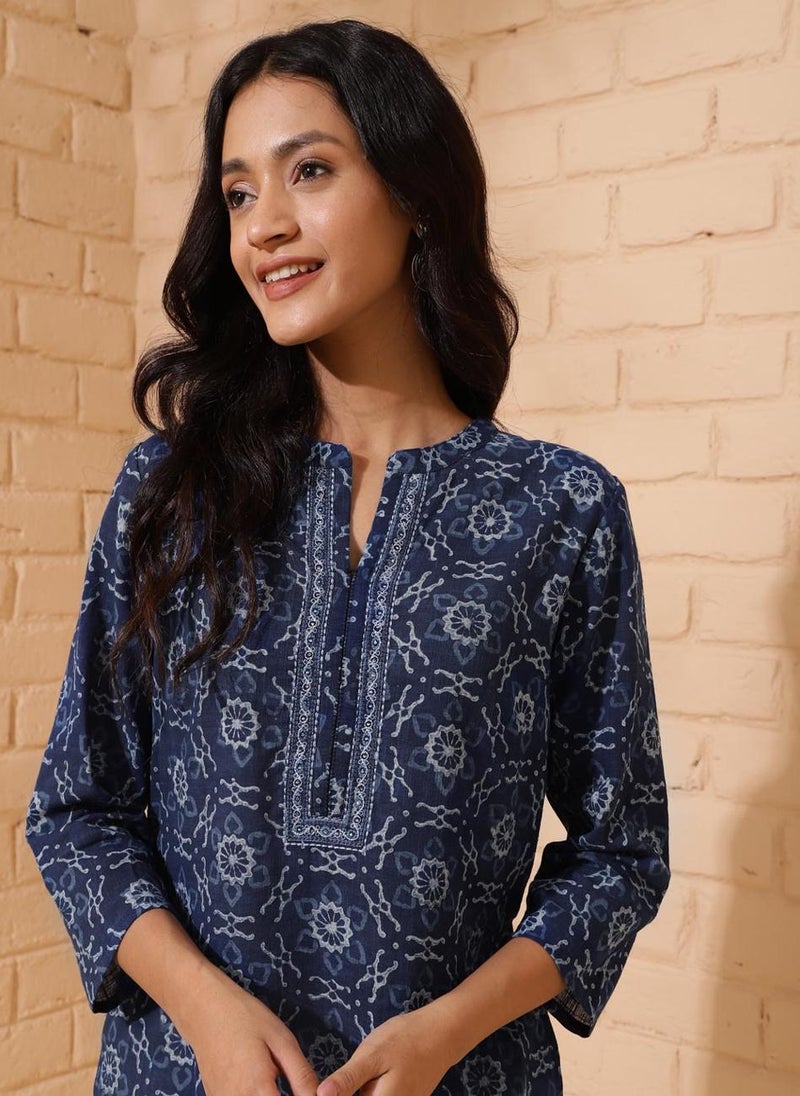 Indigo Cotton Printed Knee Length Kurta