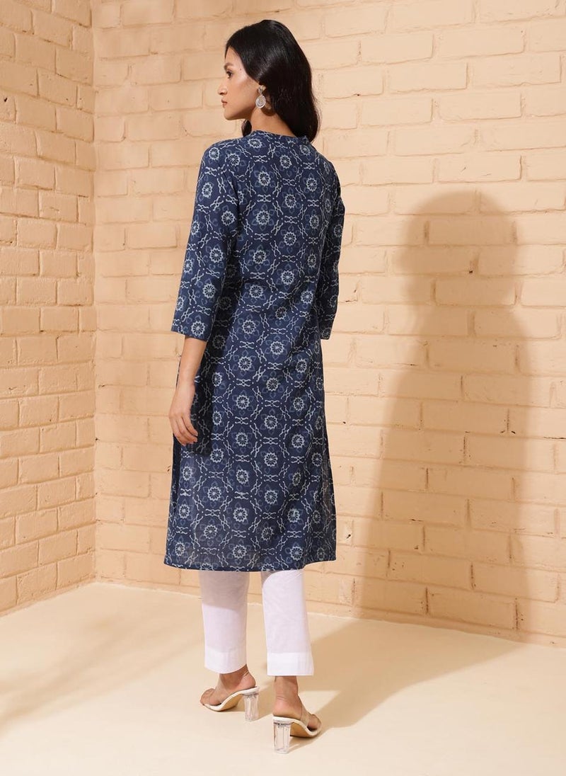 Indigo Cotton Printed Knee Length Kurta