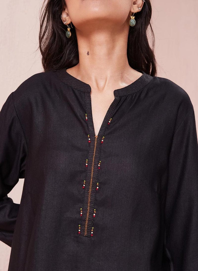 Black Viscose Silk Calf Length Long Kurta