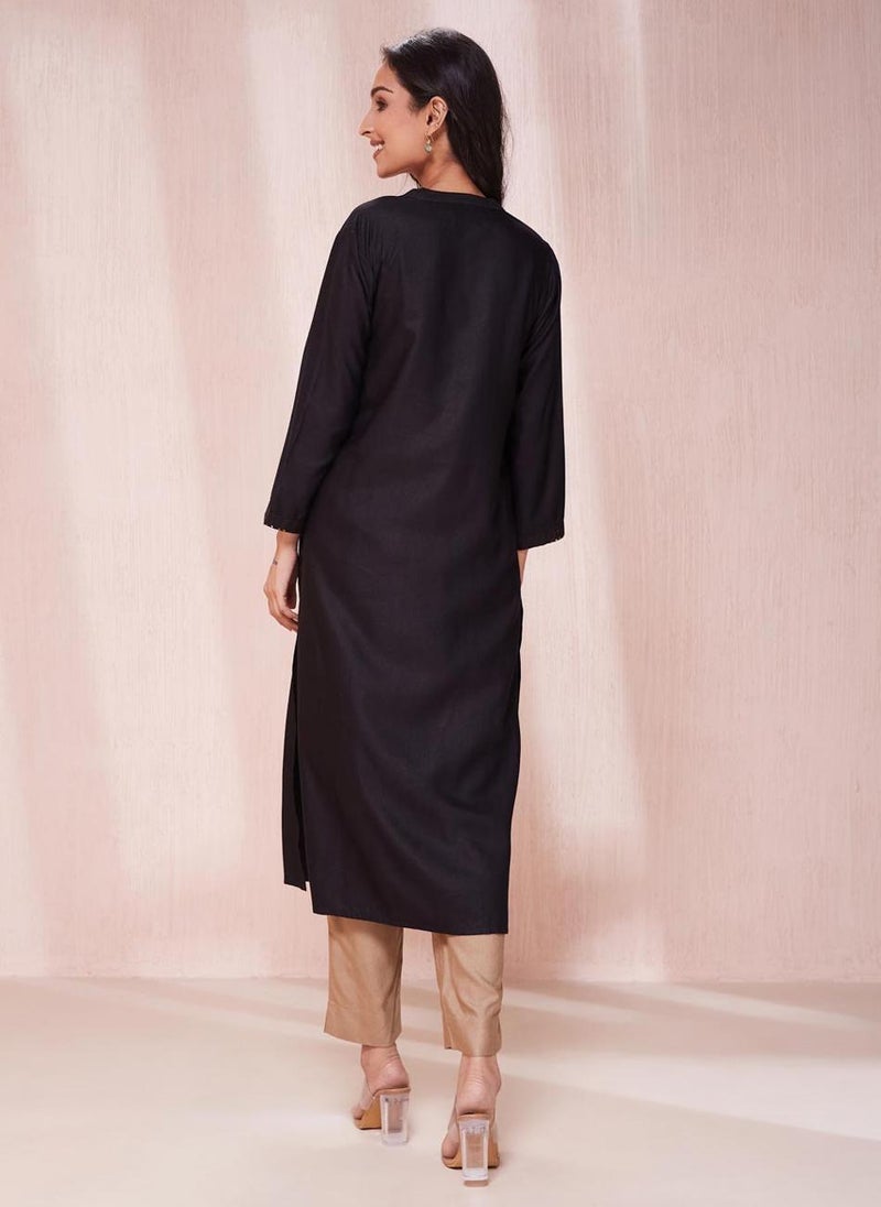 Black Viscose Silk Calf Length Long Kurta