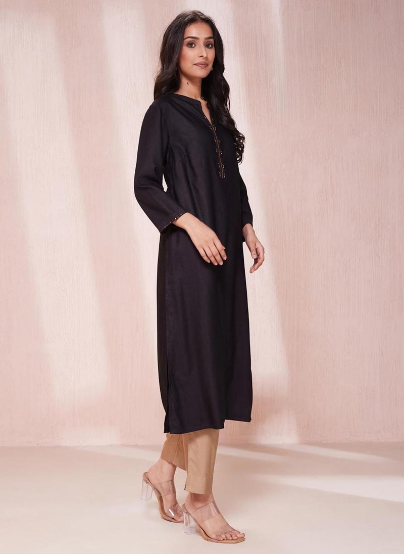 Black Viscose Silk Calf Length Long Kurta