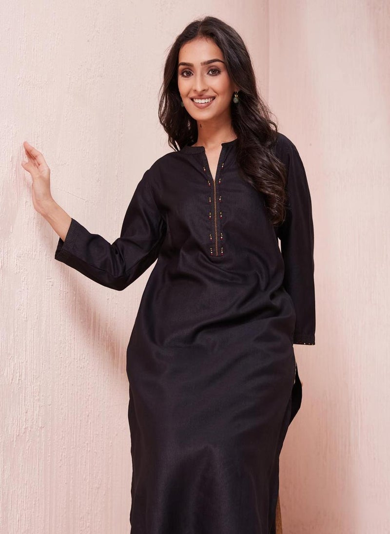 Black Viscose Silk Calf Length Long Kurta